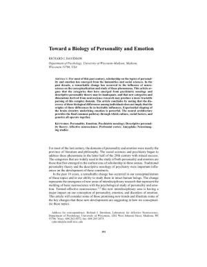 Toward a Biology of Personality and Emotion