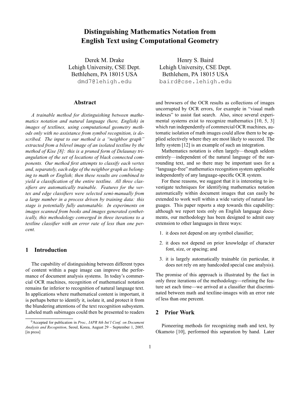 Distinguishing Mathematics Notation from English Text Using Computational Geometry