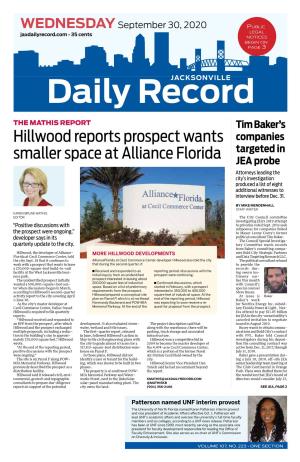 Hillwood Reports Prospect Wants Smaller Space at Alliance Florida