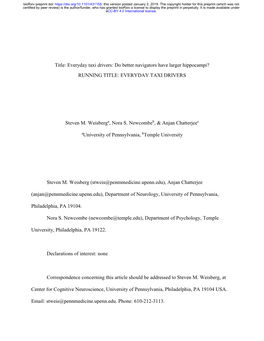 Everyday Taxi Drivers: Do Better Navigators Have Larger Hippocampi? RUNNING TITLE: EVERYDAY TAXI DRIVERS