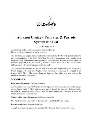 Amazon Cruise - Primates & Parrots Systematic List 1 – 17 May 2018 Text by Chris Collins with Assistance from Regina Ribeiro