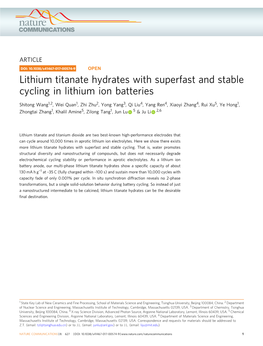 Lithium Titanate Hydrates with Superfast and Stable Cycling in Lithium Ion Batteries