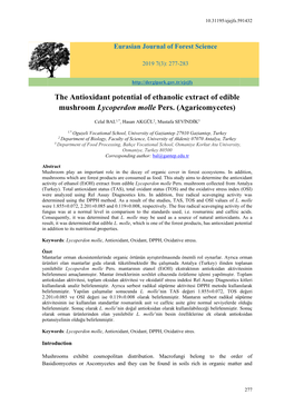 The Antioxidant Potential of Ethanolic Extract of Edible Mushroom Lycoperdon Molle Pers