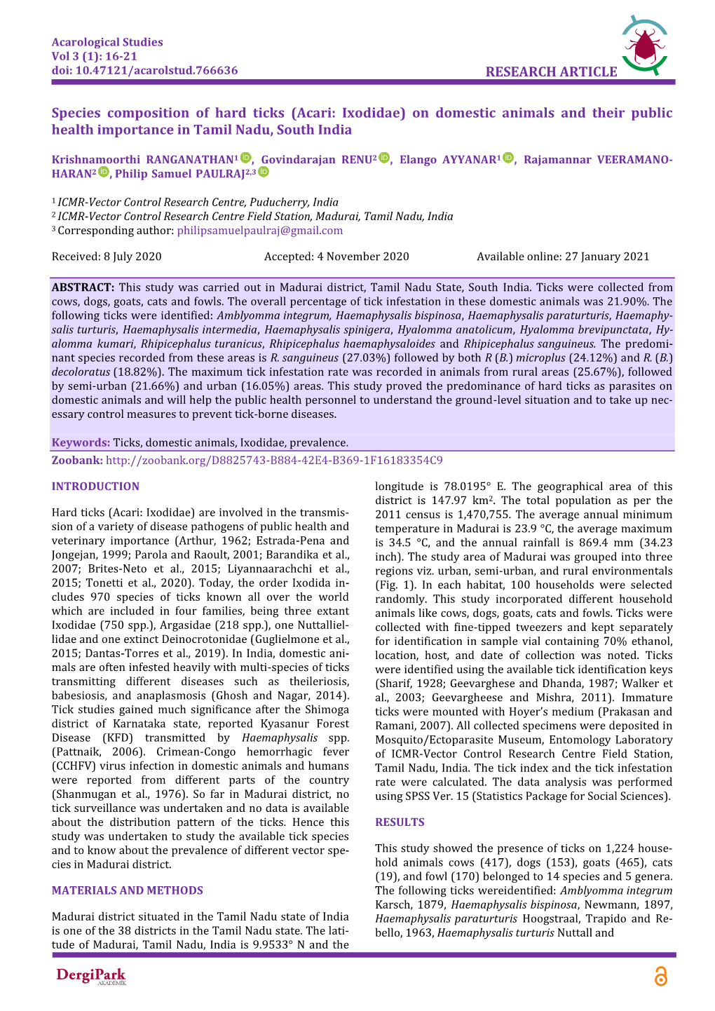 Species Composition of Hard Ticks (Acari: Ixodidae) on Domestic Animals and Their Public Health Importance in Tamil Nadu, South India