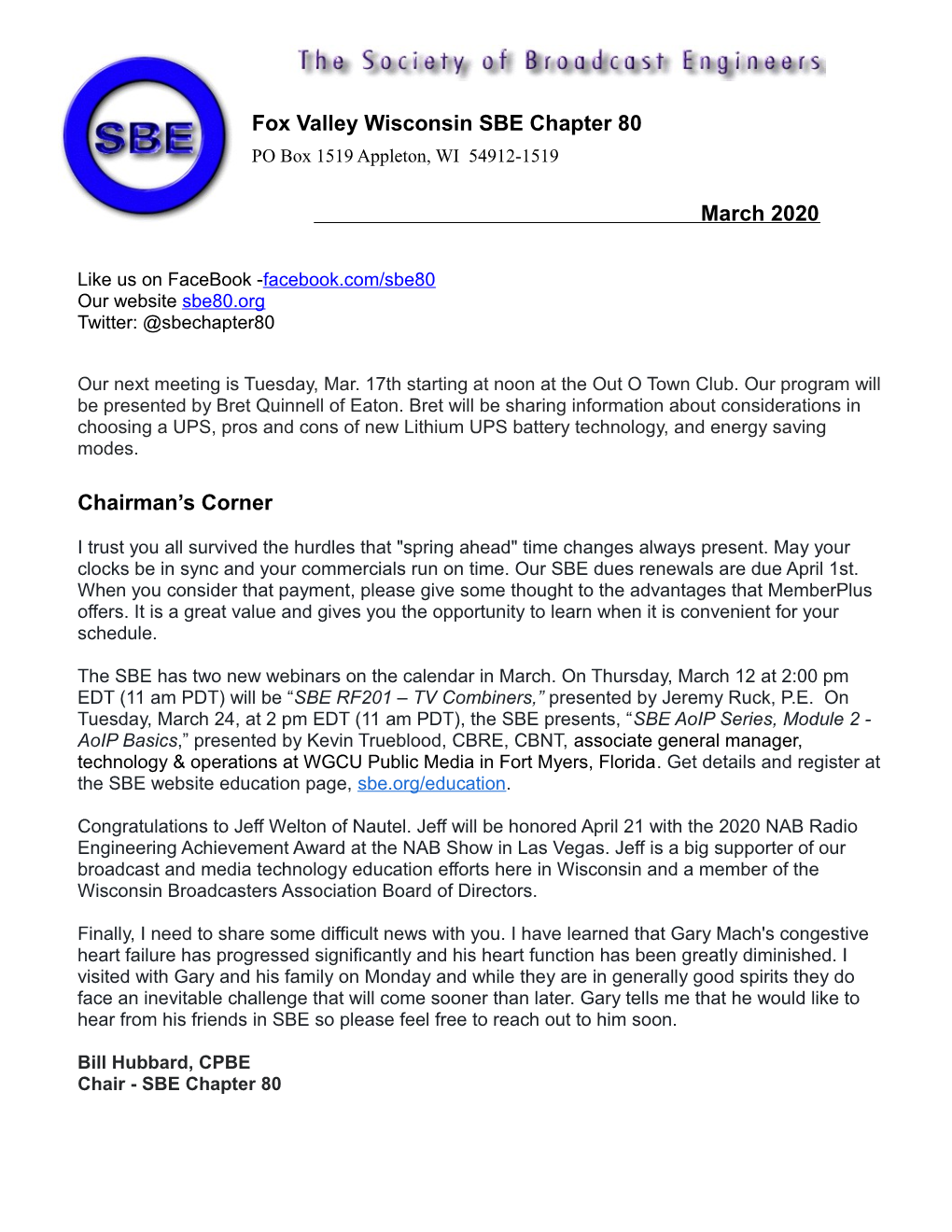 Fox Valley Wisconsin SBE Chapter 80 March 2020 Chairman's Corner