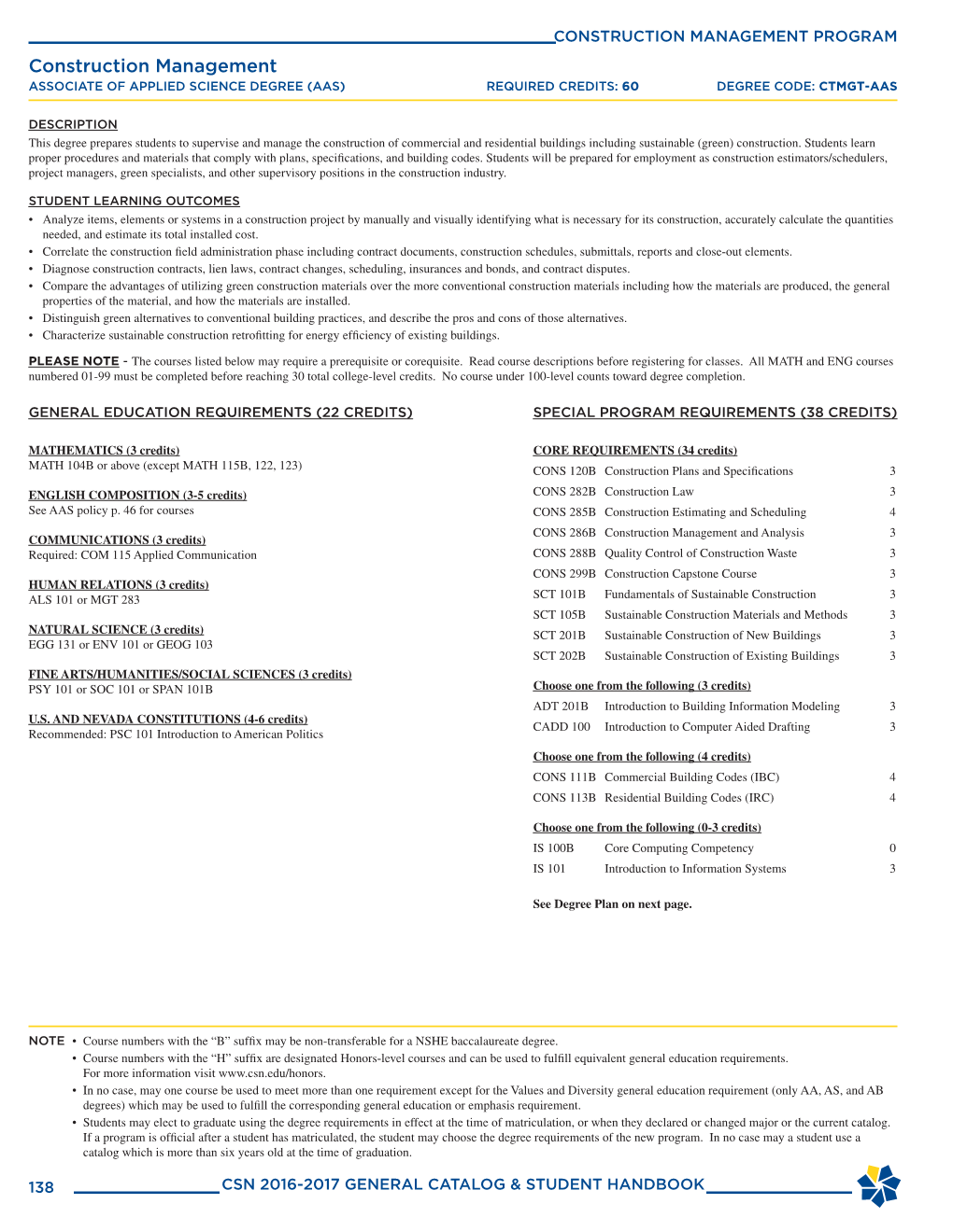 CONSTRUCTION MANAGEMENT PROGRAM Construction Management ASSOCIATE of APPLIED SCIENCE DEGREE (AAS) REQUIRED CREDITS: 60 DEGREE CODE: CTMGT-AAS