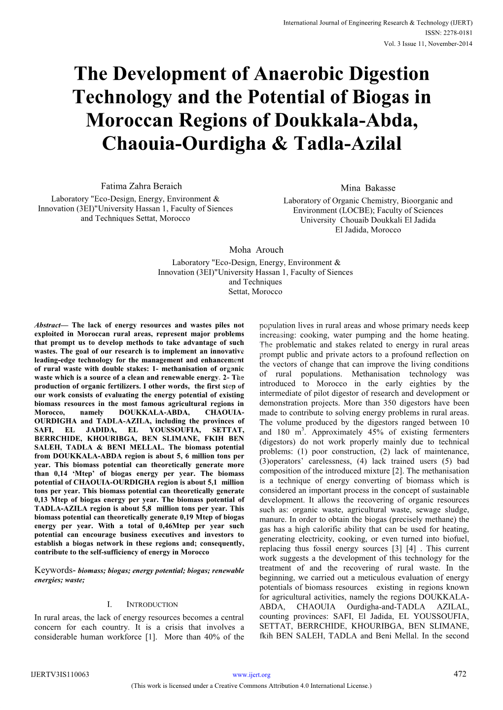 The Development of Anaerobic Digestion Technology and the Potential of Biogas in Moroccan Regions of Doukkala-Abda, Chaouia-Ourdigha & Tadla-Azilal