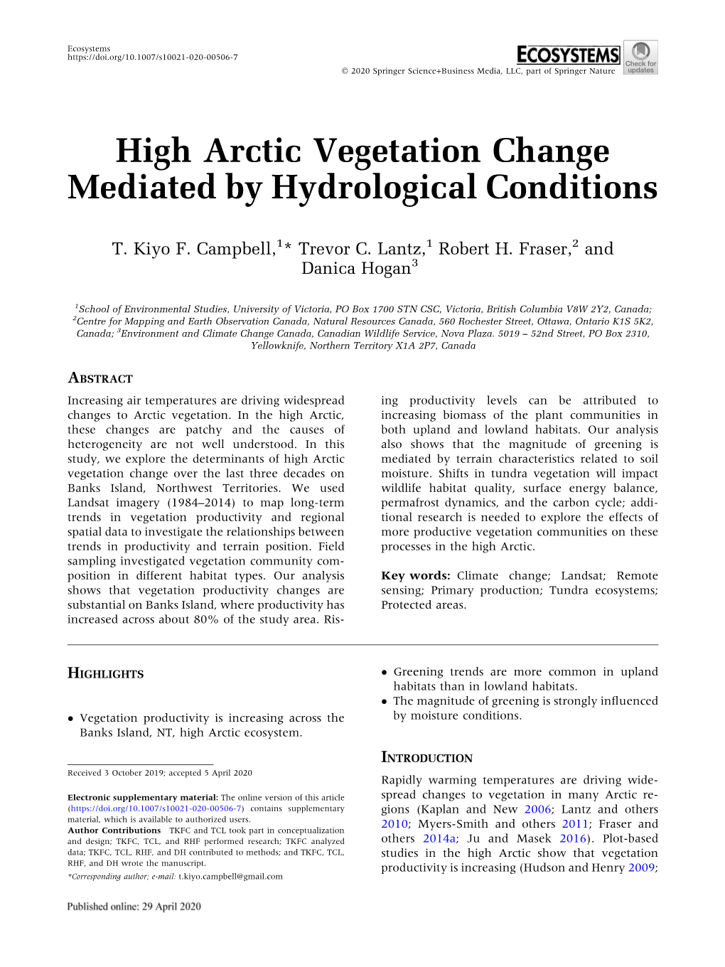 High Arctic Vegetation Change Mediated by Hydrological Conditions