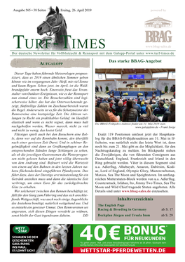 Turf-Times Der Deutsche Newsletter Für Vollblutzucht & Rennsport Mit Dem Galopp-Portal Unter Das Starke BBAG-Angebot Aufgalopp
