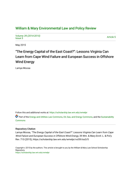 “The Energy Capital of the East Coast?”: Lessons Virginia Can Learn from Cape Wind Failure and European Success in Offshore Wind Energy