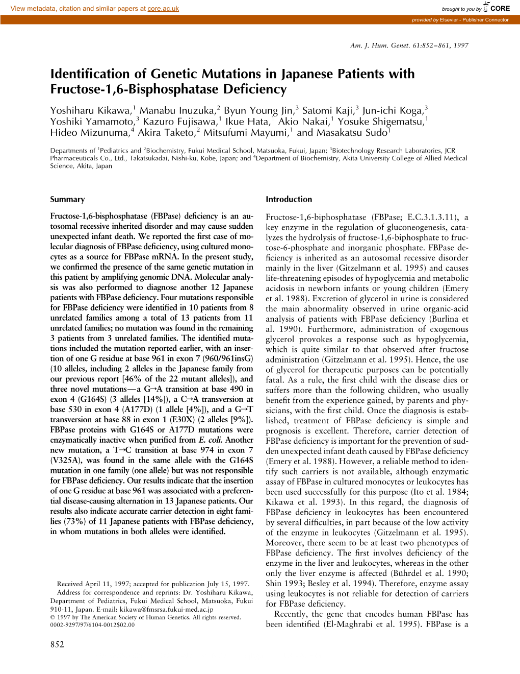 Identification of Genetic Mutations in Japanese Patients with Fructose-1