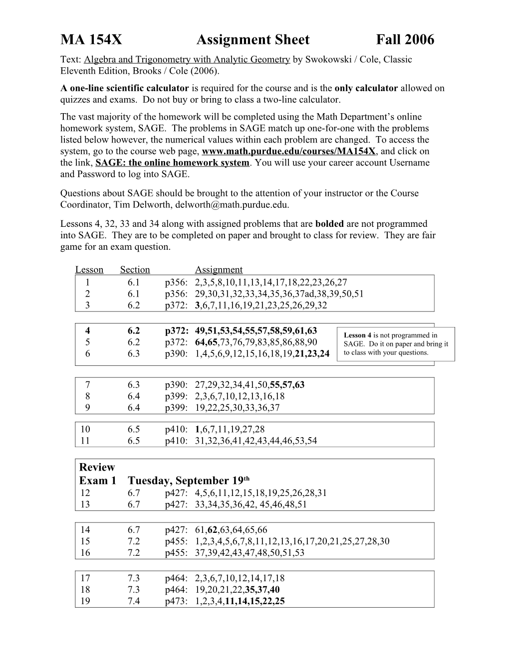 MA 154X Assignment Sheet Fall 2006