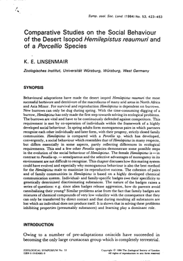 Comparative Studies on the Social Behaviour of the Desert Isopod Hemilepistus Reaumuri and of a Porcel/Io Species
