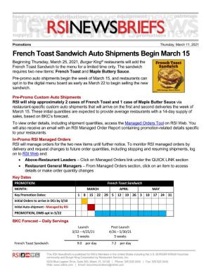 French Toast Sandwich Auto Shipments Begin March 15