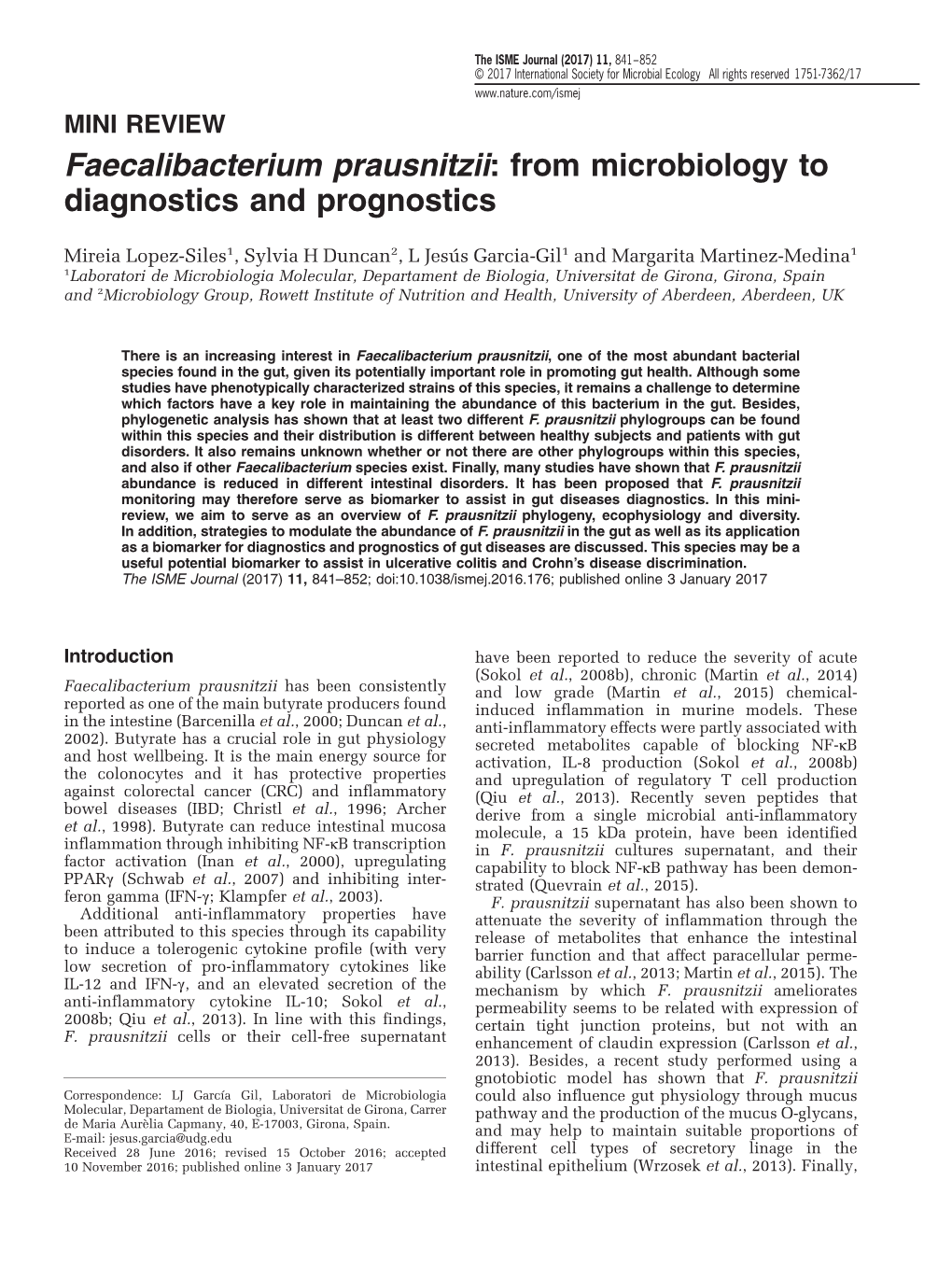 Faecalibacterium Prausnitzii: from Microbiology to Diagnostics and Prognostics