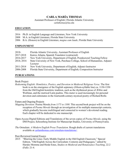 CARLA MARÍA THOMAS Assistant Professor of English | Florida Atlantic University Carlathomas@Fau.Edu