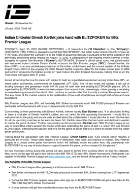 Indian Cricketer Dinesh Karthik Joins Hand with BLITZPOKER for Blitz Premier League