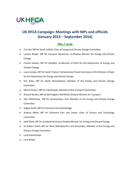 UK HFCA Campaign: Meetings with Mps and Officials (January 2013 – September 2014)