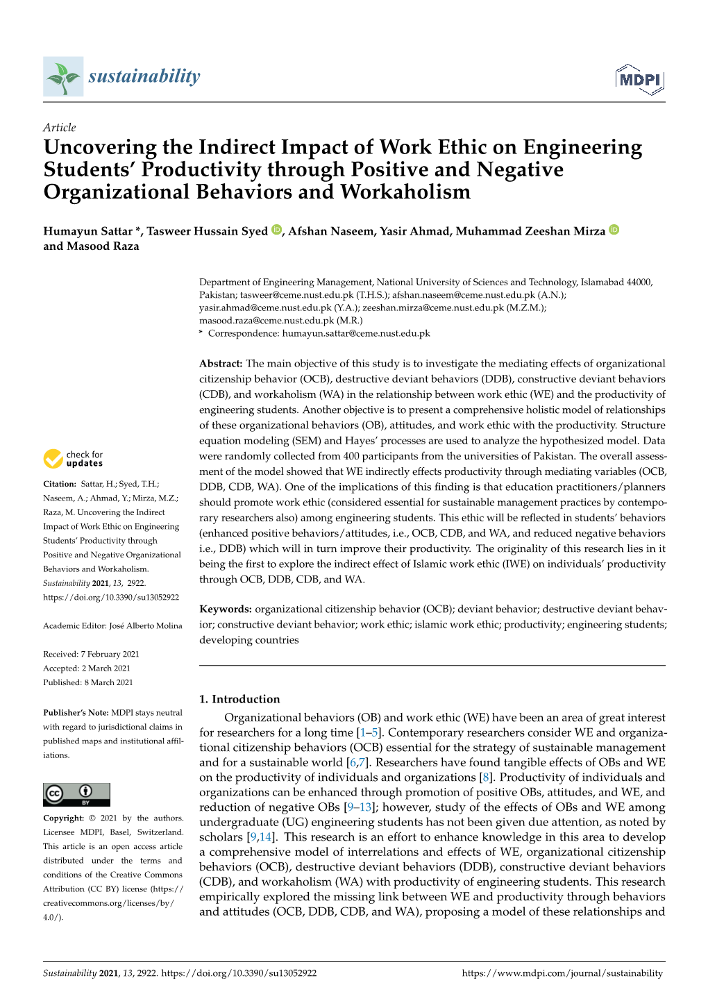 Uncovering the Indirect Impact of Work Ethic on Engineering Students’ Productivity Through Positive and Negative Organizational Behaviors and Workaholism