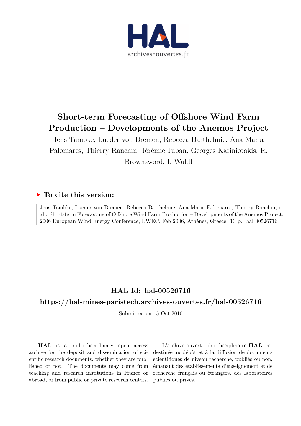 Short-Term Forecasting of Offshore Wind