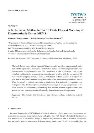 A Perturbation Method for the 3D Finite Element Modeling of Electrostatically Driven MEMS