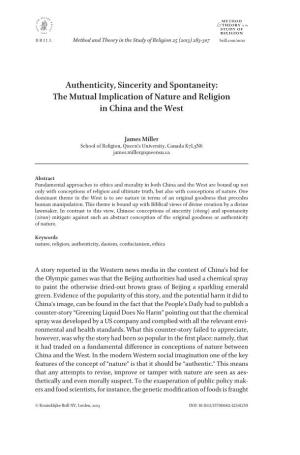 Authenticity, Sincerity and Spontaneity: the Mutual Implication of Nature and Religion in China and the West