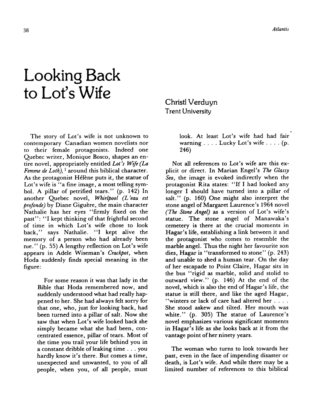 Looking Back to Lot's Wife Christl Verduyn Trent University