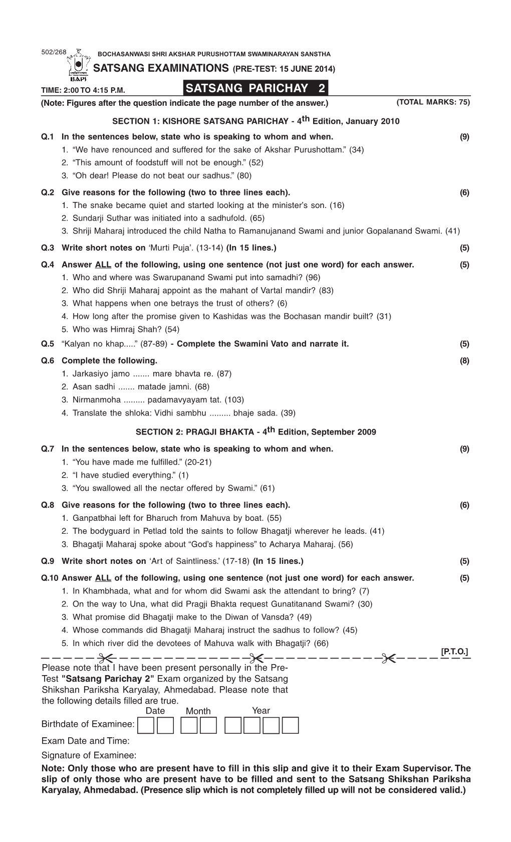 SATSANG PARICHAY 2 (Note: Figures After the Question Indicate the Page Number of the Answer.) (TOTAL MARKS: 75)