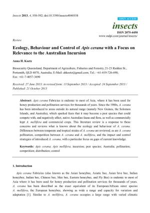 Ecology, Behaviour and Control of Apis Cerana with a Focus on Relevance to the Australian Incursion