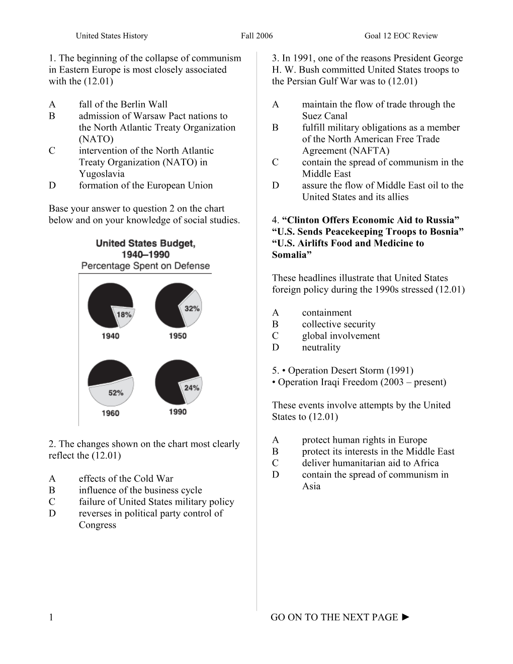 United States History Fall 2006 Goal 12 EOC Review