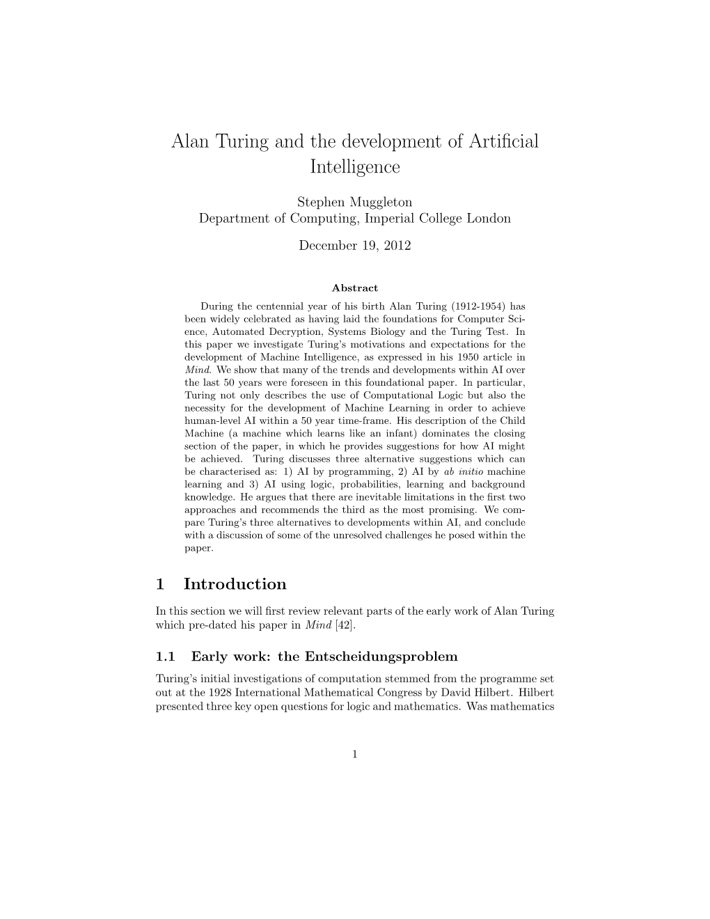 Alan Turing and the Development of Artificial Intelligence