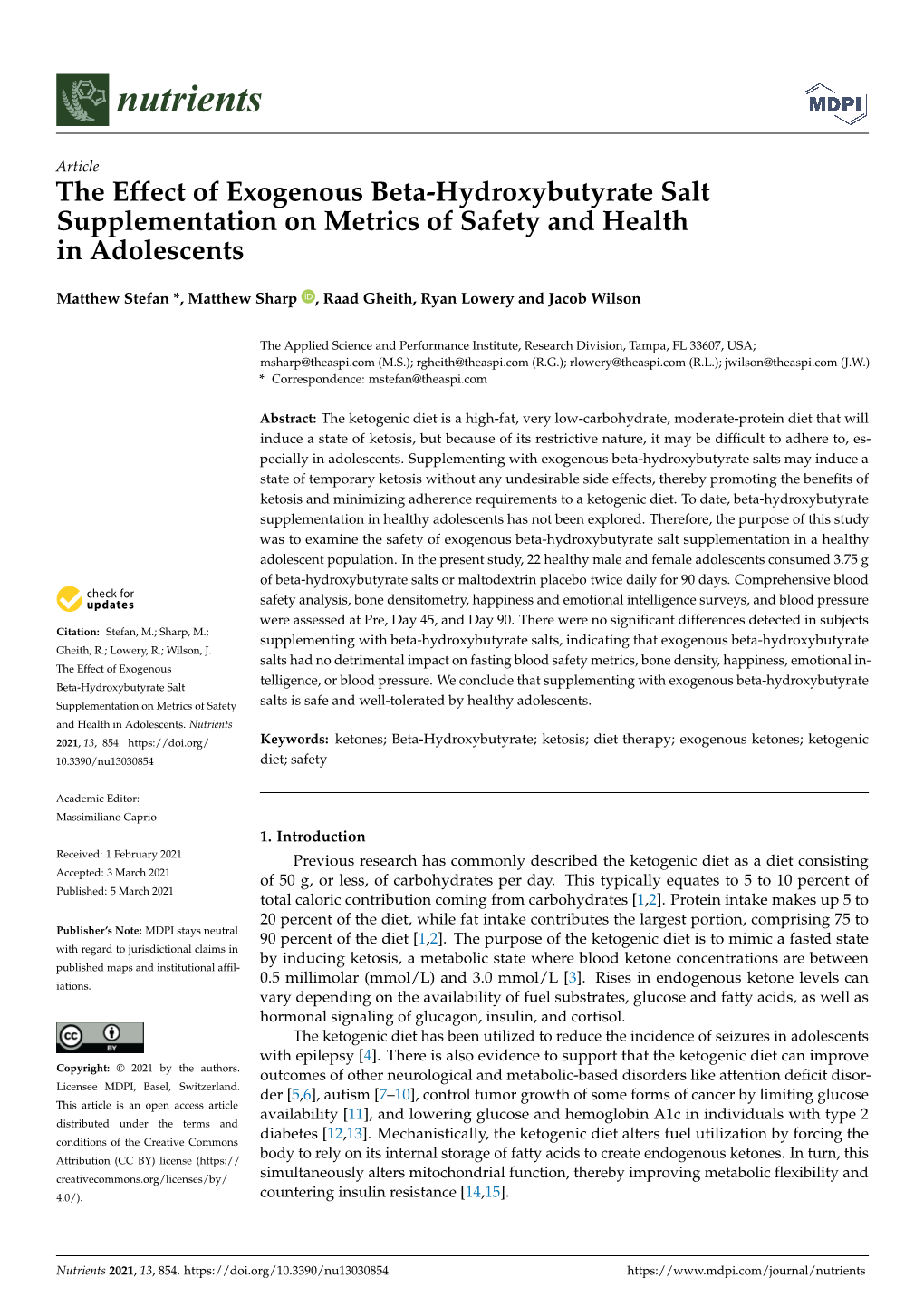 The Effect of Exogenous Beta-Hydroxybutyrate Salt Supplementation on Metrics of Safety and Health in Adolescents