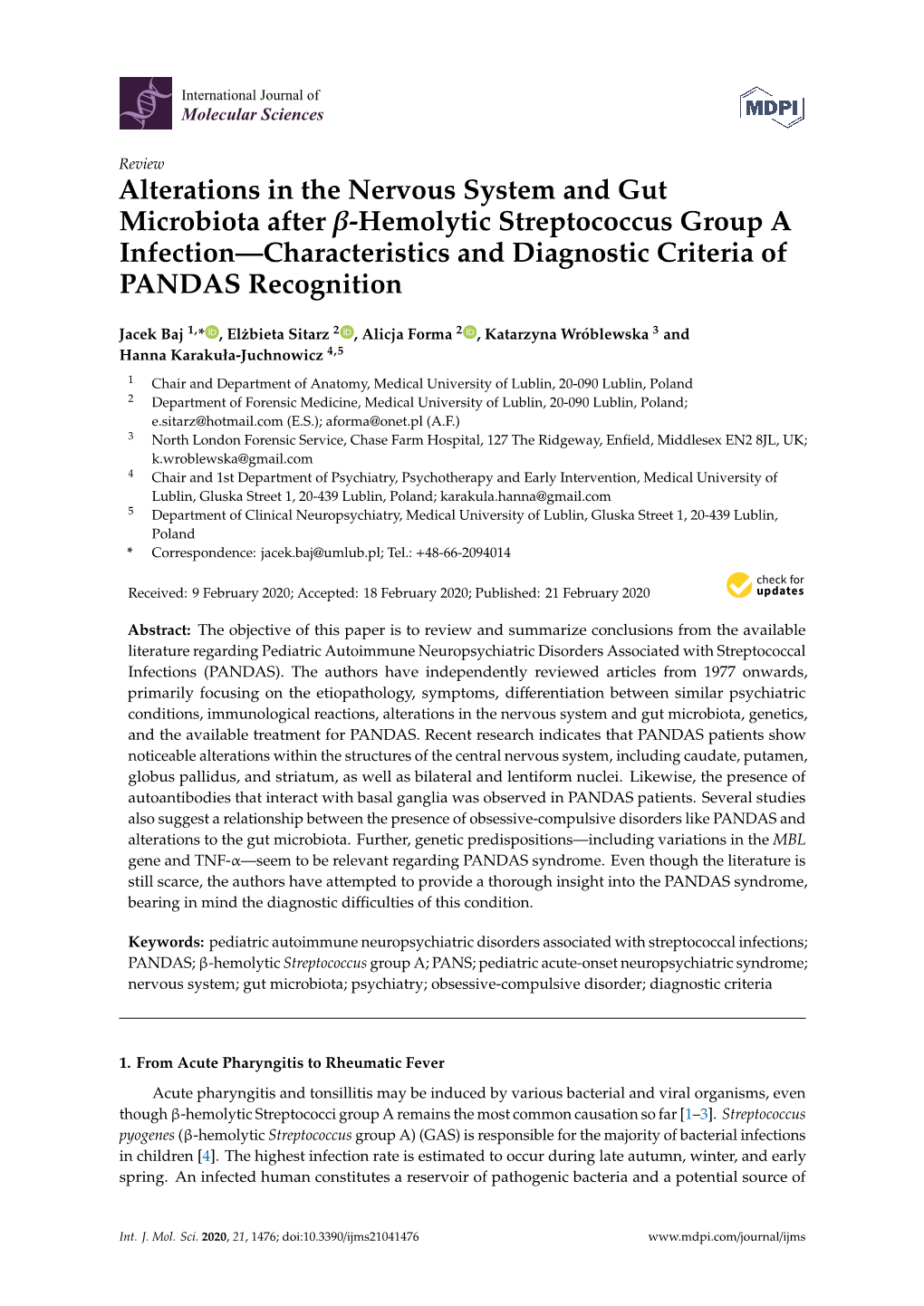 Alterations in the Nervous System and Gut Microbiota After Β-Hemolytic Streptococcus Group a Infection—Characteristics and Diagnostic Criteria of PANDAS Recognition