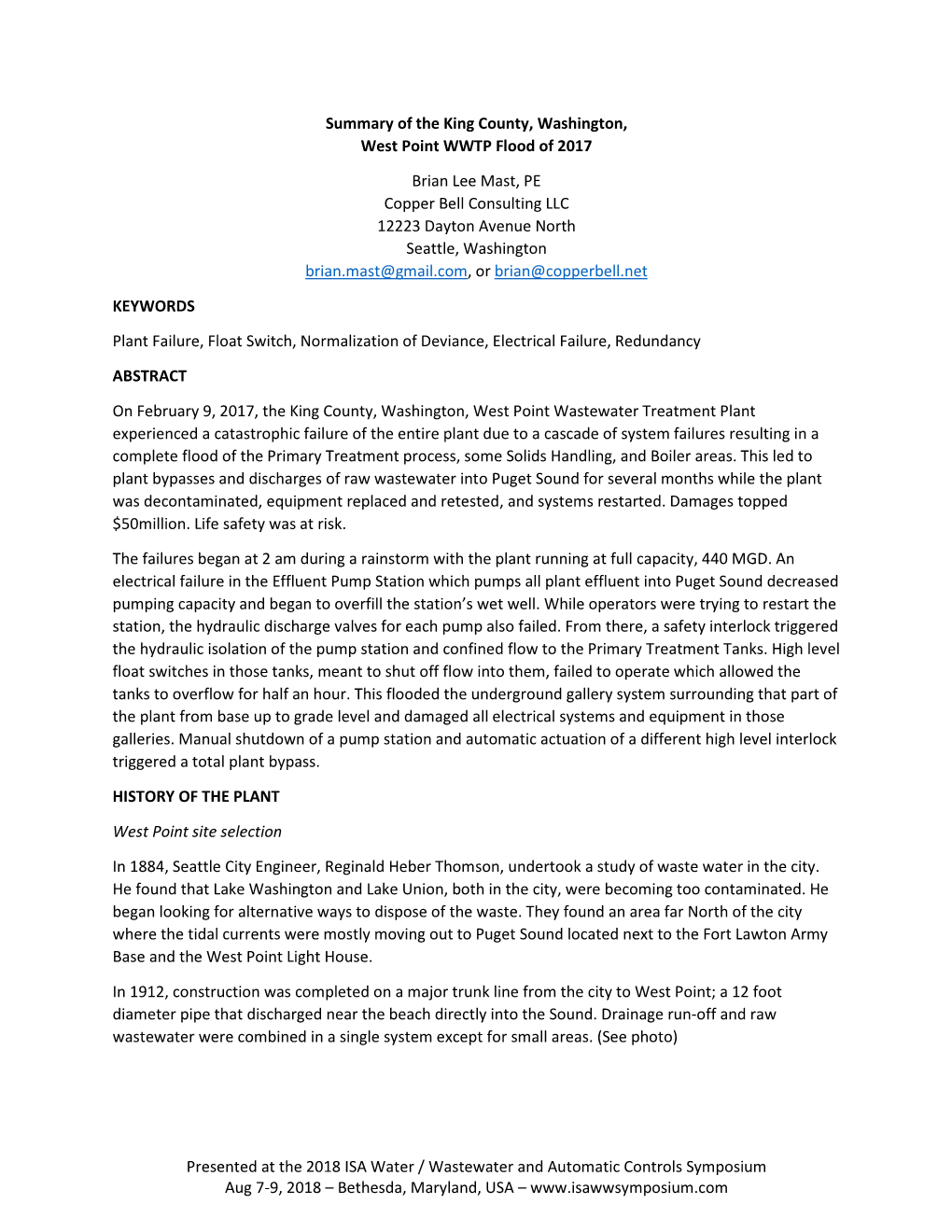 Presented at the 2018 ISA Water / Wastewater and Automatic Controls Symposium Aug 7-9, 2018 – Bethesda, Maryland, USA – Mast 2