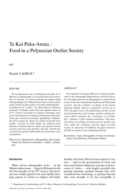 Te Kai Paka-Anuta : Food in a Polynesian Outlier Society