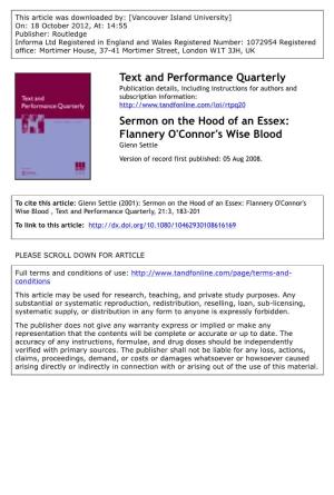 Sermon on the Hood of an Essex: Flannery O'connor's Wise Blood Glenn Settle Version of Record First Published: 05 Aug 2008
