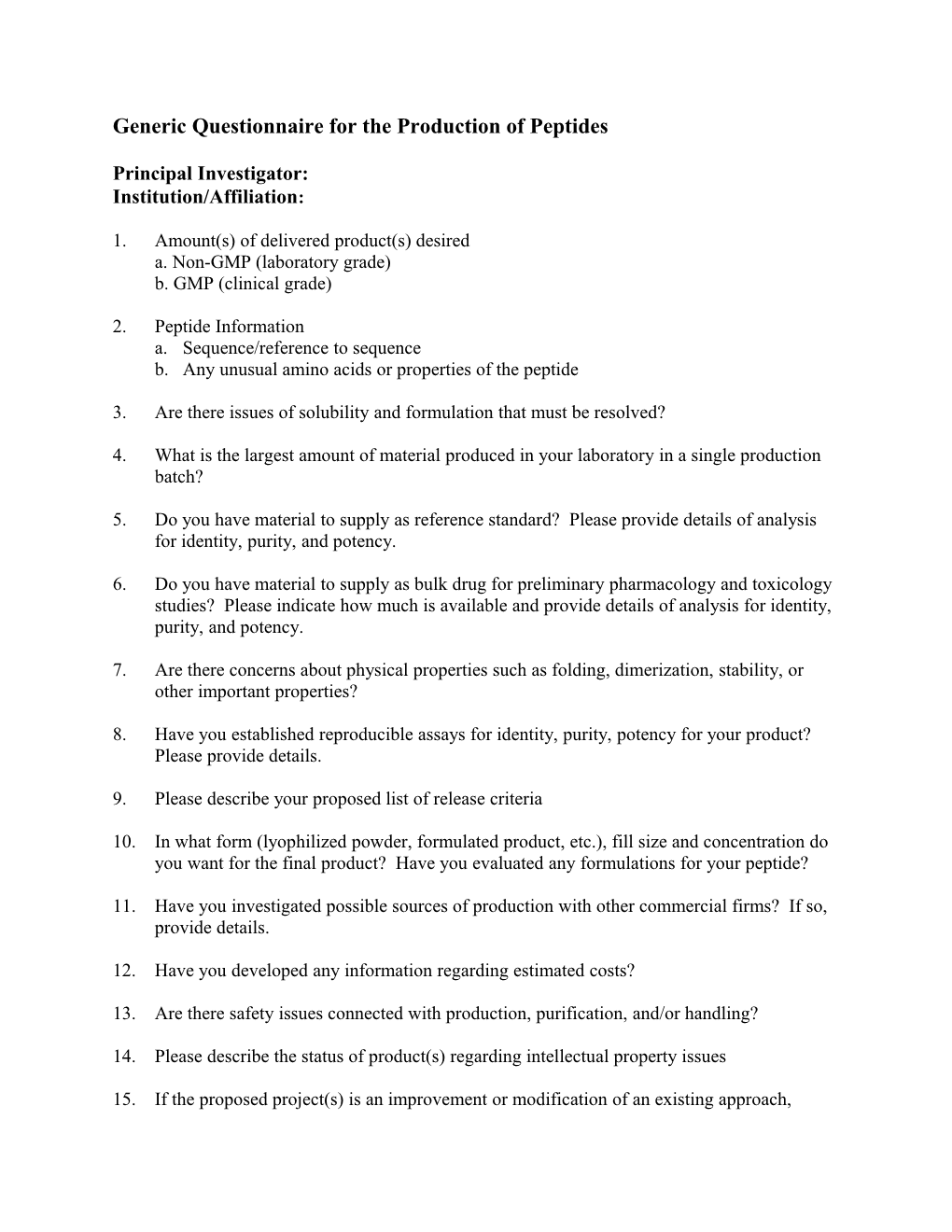 Biopharmaceutical Development Program (BDP) Project Request Form