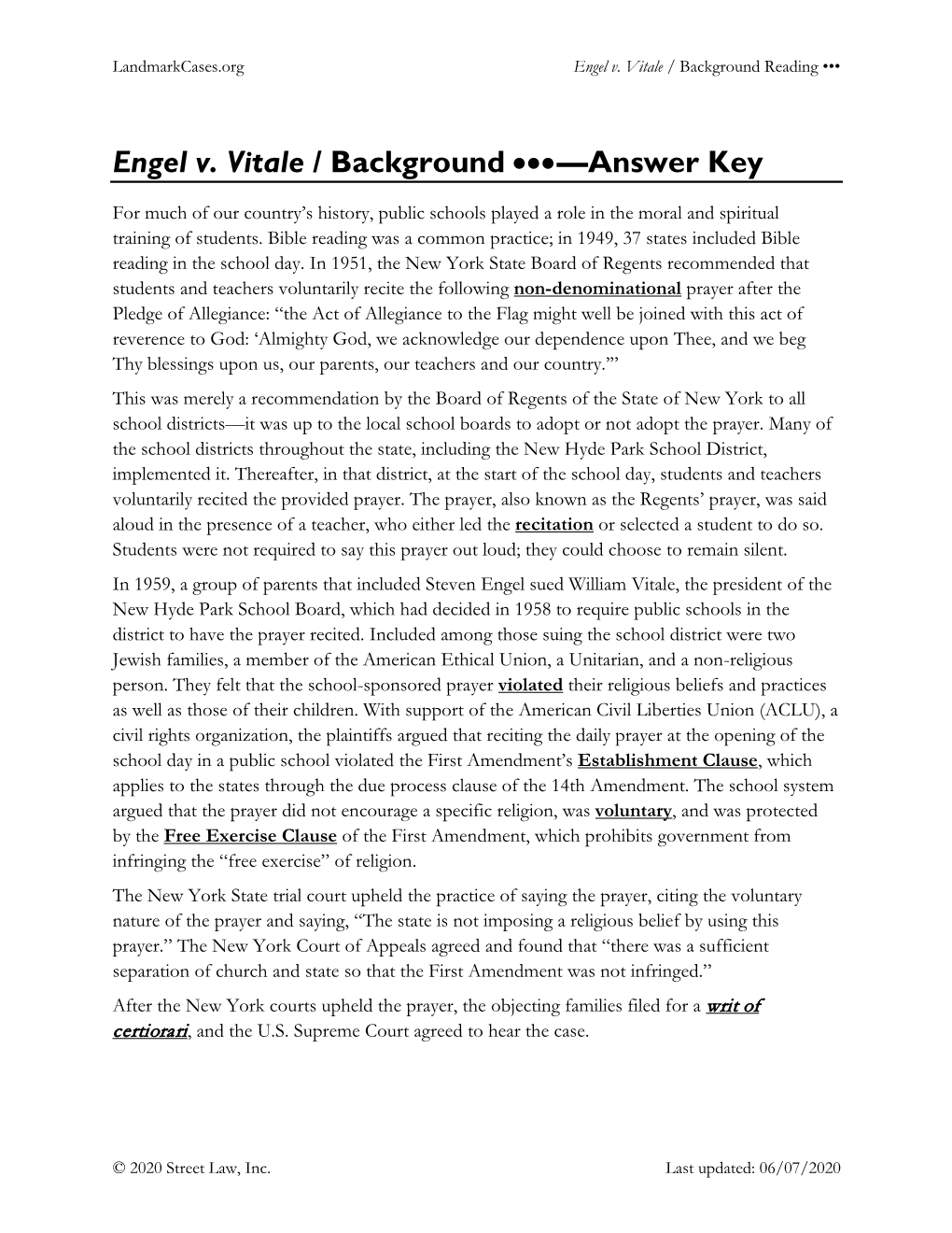 Engel V. Vitale / Background •••—Answer Key