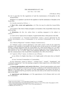 THE ASSAM RIFLES ACT, 1941 an Act to Provide for the Regulation Of