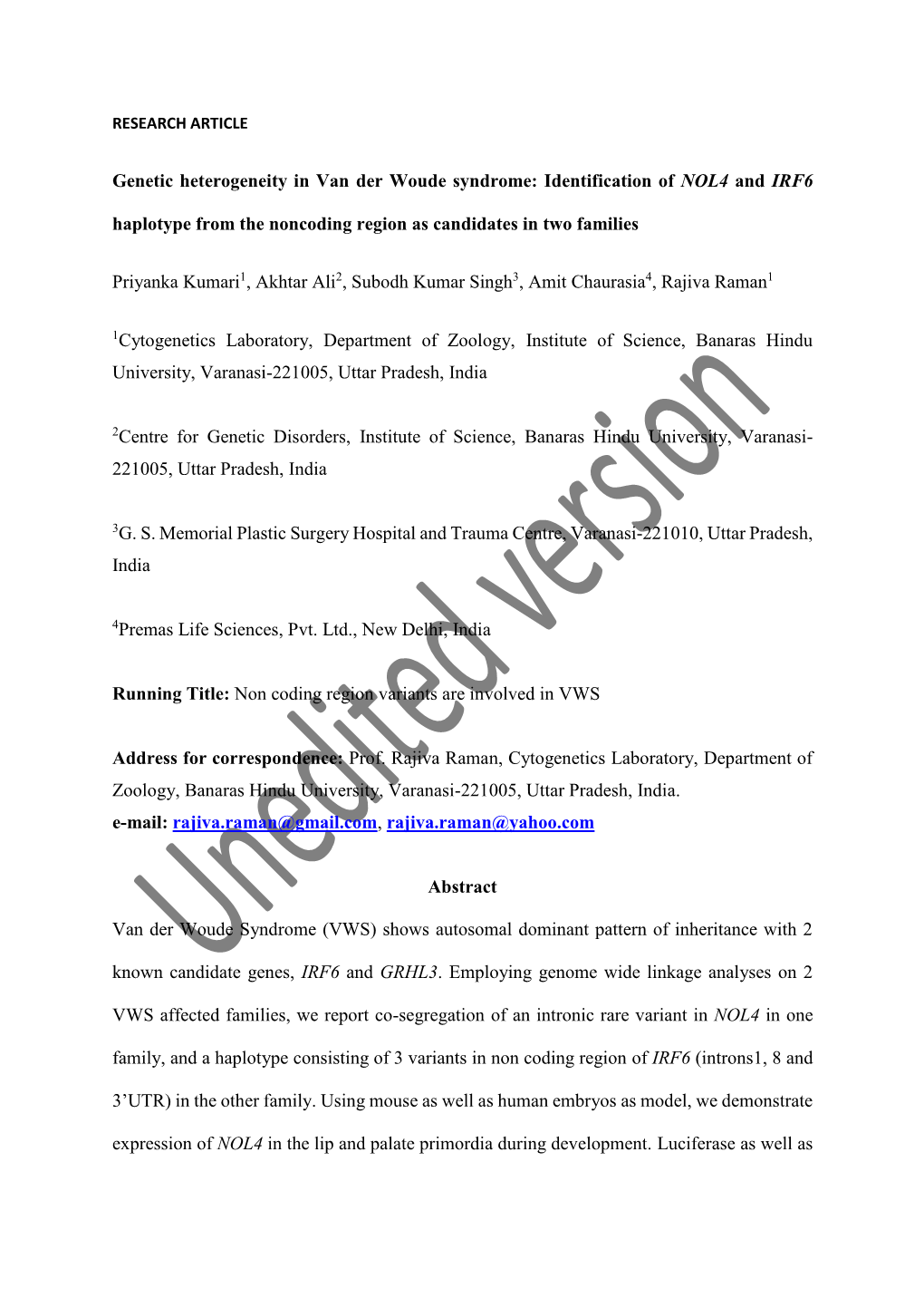 Genetic Heterogeneity in Van Der Woude Syndrome: Identification of NOL4 and IRF6 Haplotype from the Noncoding Region As Candidates in Two Families