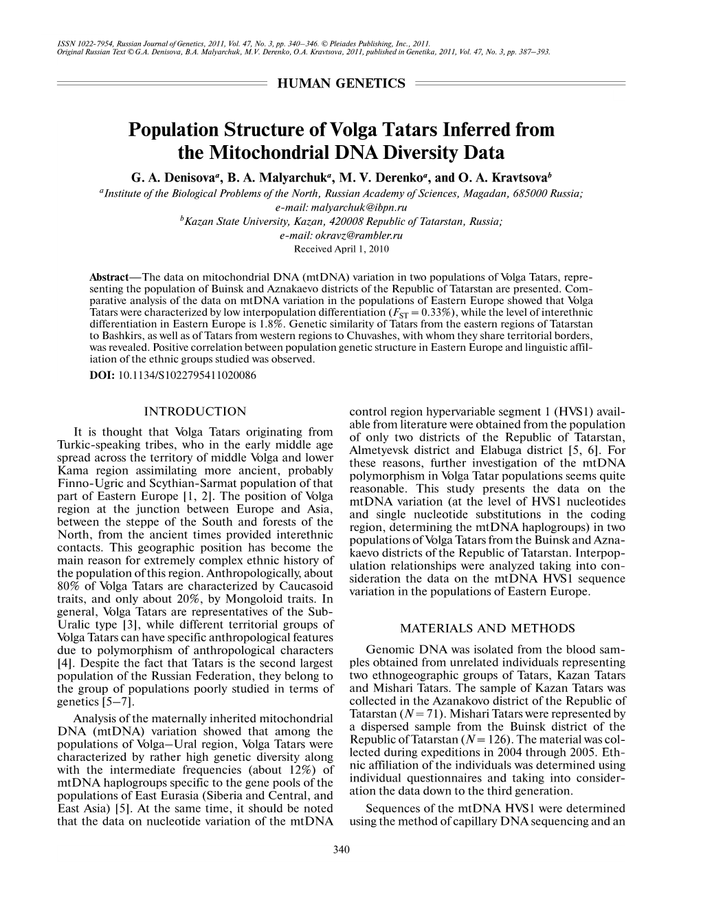 Population Structure of Volga Tatars Inferred from the Mitochondrial DNA Diversity Data G