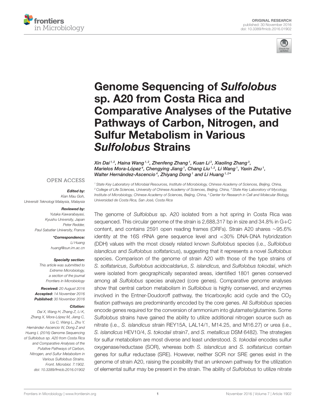 Genome Sequencing of Sulfolobus Sp. A20 from Costa Rica And