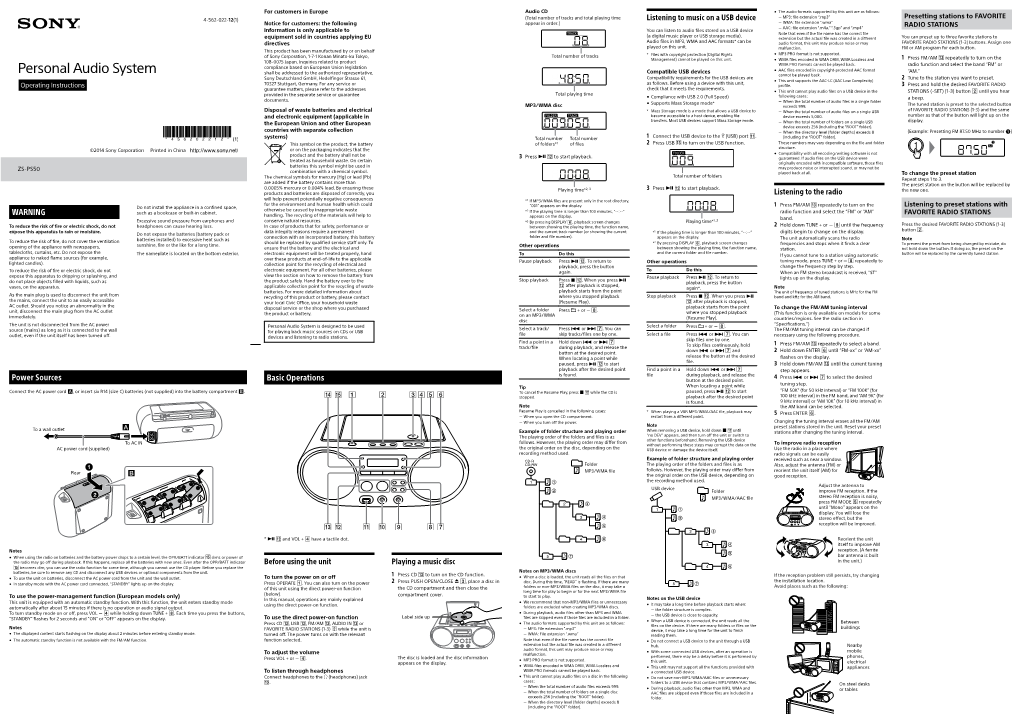 Sony ZSPS50 Boombox CD Player User Manual