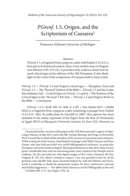 P.Grenf. 1.5, Origen, and the Scriptorium of Caesarea1