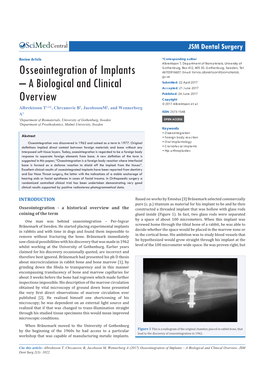 Osseointegration of Implants – a Biological and Clinical Overview