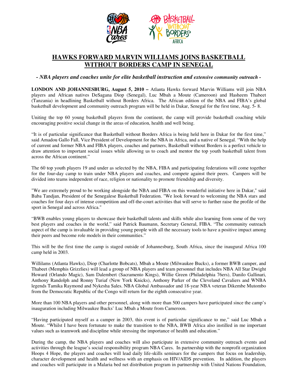 Hawks Forward Marvin Williams Joins Basketball Without Borders Camp in Senegal