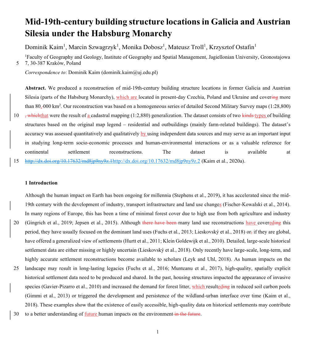 Mid-19Th-Century Building Structure Locations in Galicia and Austrian Silesia Under the Habsburg Monarchy