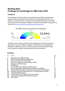 Briefing Note Findings for Cambridge for IMD Index 2015