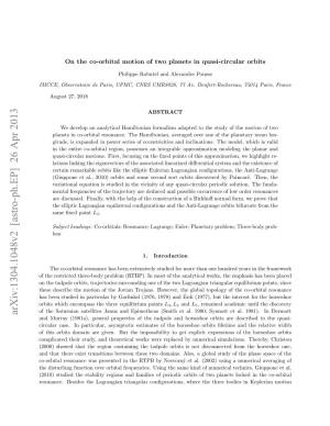 Arxiv:1304.1048V2 [Astro-Ph.EP] 26 Apr 2013 and Murray (1981A), General Properties of the Tadpole and Horseshoe Orbits Are Described in the Quasi- Circular Case