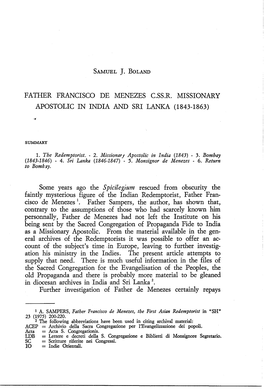 Father Francisco De Menezes C.Ss.R. Missionary Apostolic in India and Sri Lanka (1843-1863)